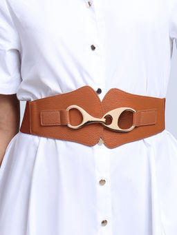 Twenty Dresses by Nykaa Fashion - Tan Chunky Metal Wide Elasticated Belt For Women
