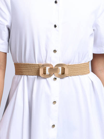 Women's Dark Beige Woven Twin Square Hook Buckle Belt