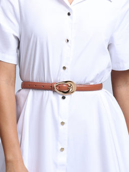 Twenty Dresses by Nykaa Fashion - Tan Chunky Oval Buckle Thin Jeans Belt For Women