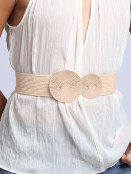 Twenty Dresses by Nykaa Fashion - Women's Cream Twin Circular Hook Buckle Woven Waist Belt