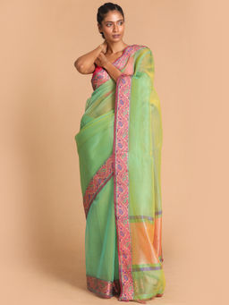 Indethnic - Banarasi Green Solid Party Wear Saree With Unstitched Blouse