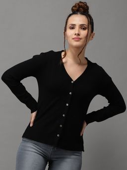 SHOWOFF - Womens Long Sleeves Regular Black Solid Front-open