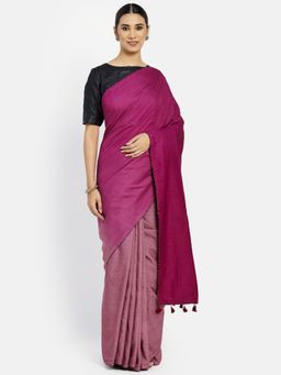 Fabindia - Magenta Solid Contrast Tassel Silk Saree without Blouse