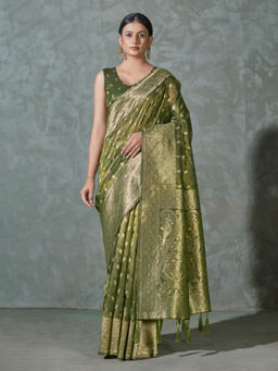 Monjolika Fashion - Green Simar Silk Zari Woven Work Saree With Unstitched Blouse