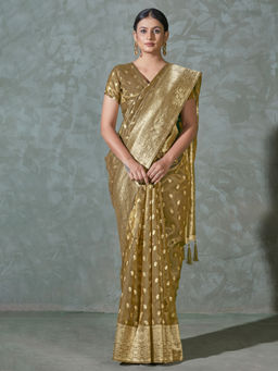 Monjolika Fashion - Brown Simar Silk Zari Woven Work Saree With Unstitched Blouse