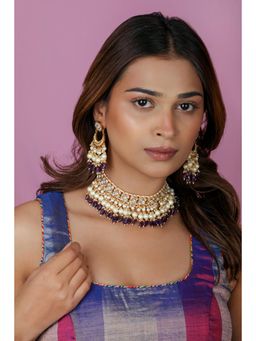 RIANA JEWELLERY - Purple Beaded Jadau White Choker with Earrings