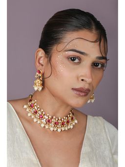 RIANA JEWELLERY - Delicate Pearl Beaded Pink Choker with Earrings