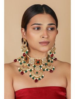 RIANA JEWELLERY - Emerald Green Beads And Pearl Necklace with Earrings