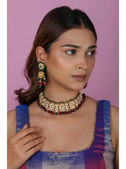 RIANA JEWELLERY - Minimalistic Traditional Jadtar Pink Choker with Earrings