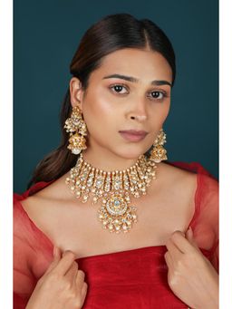 RIANA JEWELLERY - Ethnic Pearl Jadtar and Semi-Precious Stone White Choker with Earrings