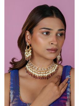 RIANA JEWELLERY - Gold Finish Pastel Pink Beaded White Choker with Earrings