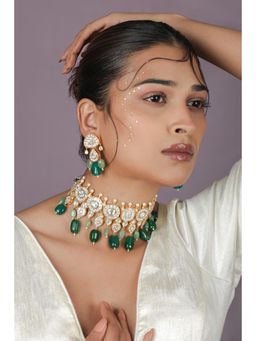 RIANA JEWELLERY - Emerald Beaded Gold Plated Green Choker with Earrings