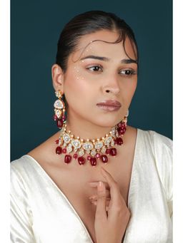 RIANA JEWELLERY - Gold Plated Ruby Beaded Pink Choker with Earrings