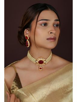 RIANA JEWELLERY - Handcrafted Gold Plated Statement Red Choker with Earrings