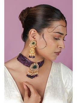 RIANA JEWELLERY - Emerald and Amethyst Beaded Jadtar Green Choker with Earrings