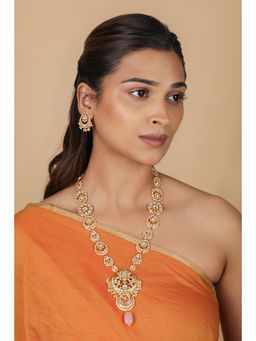 RIANA JEWELLERY - Gold Plated Jadtar Long White Necklace with Studs