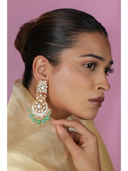 RIANA JEWELLERY - Traditional Jadtar Stone & Green Bead White Dangler Earrings