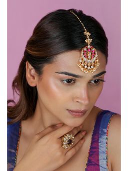 RIANA JEWELLERY - Ruby Kundan & Pearl Pink Maang Tikka