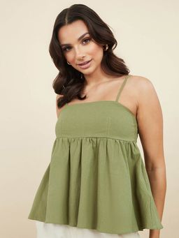 Styli - Green Sleeveless Square Neck Peplum Top