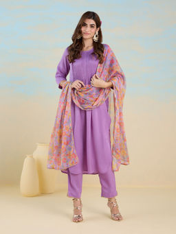Likha - Utsav Purple Pintuck Kurta Pant & Floral Printed Dupatta LIKJANSKD05