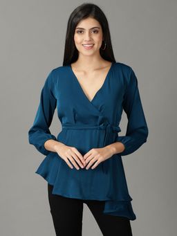 SHOWOFFFF - Womens Full Sleeves V-Neck Teal Solid Top