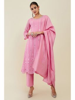 Soch - Pink Georgette Salwar Suit with Embroidered Designs and Embellishments (Set of 3)