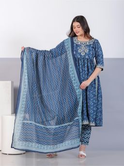 ARAMYA - Soft Cotton A-Line Paisley Print Kurta Pant with Dupatta for Women