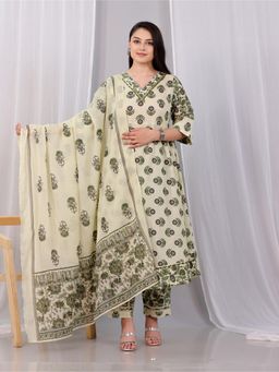 ARAMYA - Soft Cotton Flared Block Print Kurta Pant with Dupatta for Women