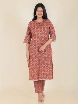 ARAMYA - Kantha Cotton Straight Ajrakh Print Kurta and Pant for Women