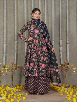 ARAMYA - Soft Cotton Floral Print Kurta Skirt with Dupatta for Women