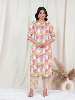 ARAMYA - Soft Cotton Straight Floral Print Kurta and Pant for Women