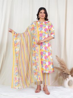 ARAMYA - Soft Cotton Straight Floral Print Kurta Pant with Dupatta for Women