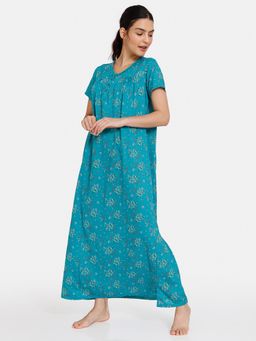 Zivame - Plum Romance Woven Full Length Nightdress - Lapis - Green