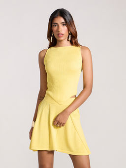 MIXT by Nykaa Fashion - Yellow Ribbed Boat Neck Top Flared Mini Skirt Co Ord Set