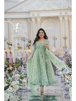 ESTELA - Women Mint Green Embroidered Anarkali Kurta with Pant & Dupatta