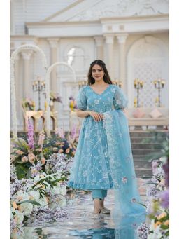 ESTELA - Women Aqua Embroidered Anarkali Kurta with Pant & Dupatta