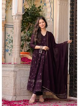 ESTELA - Women Royal Plum Wine Embroidered Anarkali with Pant & Dupatta