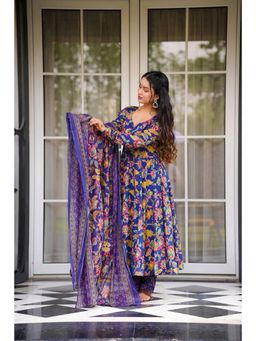 ESTELA - Women Blue Floral Printed Flared Anarkali Kurta with Pant & Dupatta