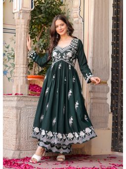 ESTELA - Women Green Embroidered Flared Anarkali Kurta with Sharara
