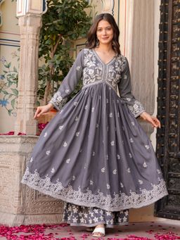 ESTELA - Women Grey Embroidered Flared Anarkali Kurta with Sharara