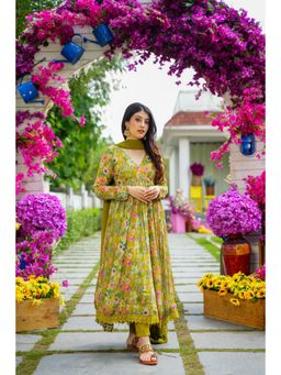 ESTELA - Women Green Floral Printed Anarkali Kurta with Pant & Dupatta