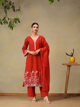 Bani Women - Red Pure Cotton Floral Embroidered Kurta with Pant & Dupatta