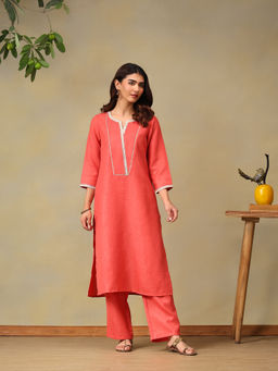 Bani Women - Modern Linen Coral Straight Kurta and Pant