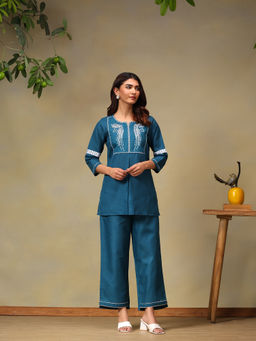 Bani Women - Teal Embroidery Round Neck Co-Ord Set