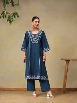 Bani Women - Teal Embroidered Pure Cotton Kurta with Pant