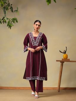 Bani Women - Wine Embroidered Pure Cotton Kurta with Pant