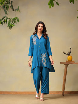 Bani Women - Blue Embroidered Shirt Style Co-Ord Set