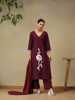 Bani Women - Wine Floral Embroidered Kurta with Pant & Dupatta