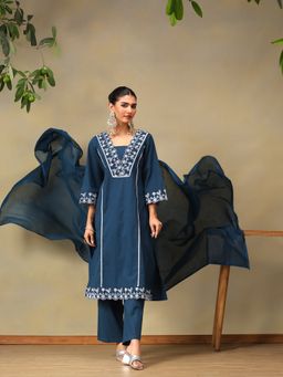 Bani Women - Teal Embroidered Pure Cotton Kurta with Pant & Dupatta