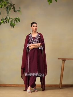 Bani Women - Wine Embroidered Pure Cotton Kurta with Pant & Dupatta